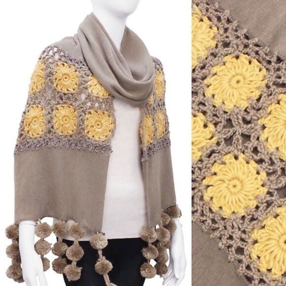 NWT Elegant Essence New York huge crocheted grey pale yellow scarf. - Picture 2 of 3